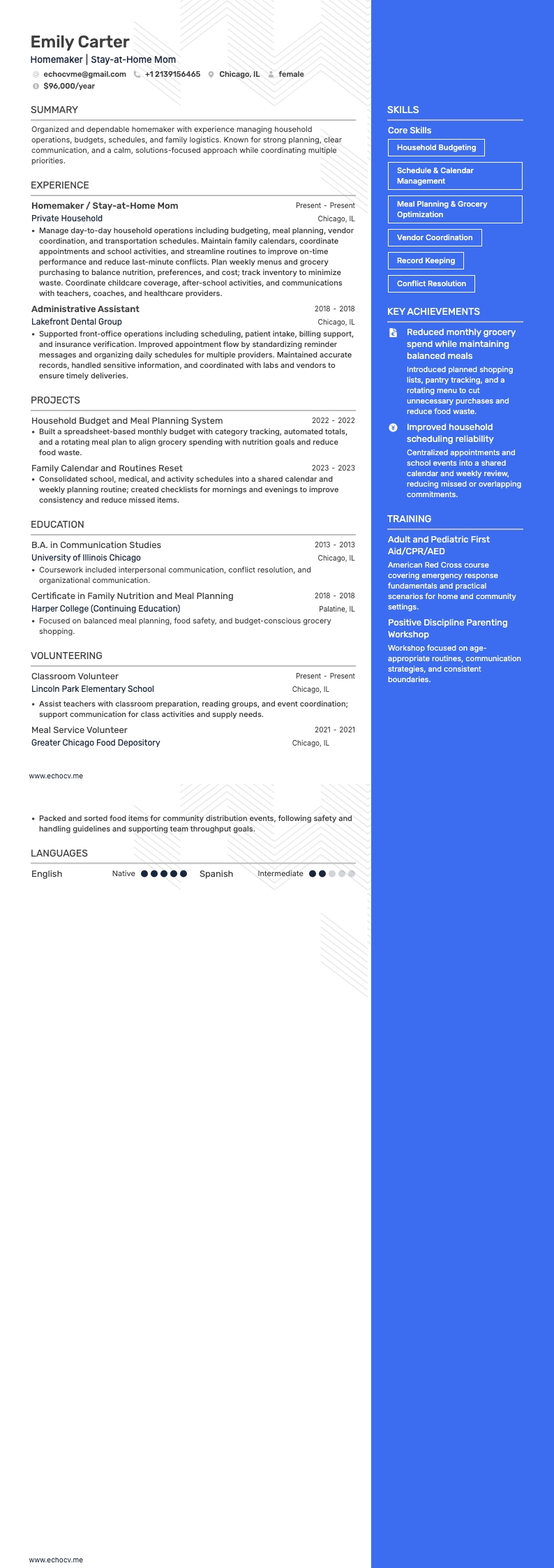 Homemaker example resume