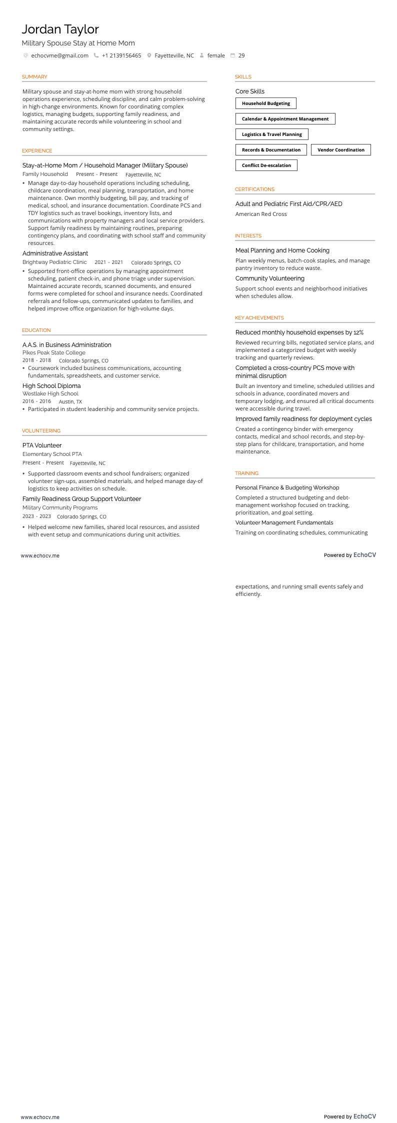 全职妈妈 resume example