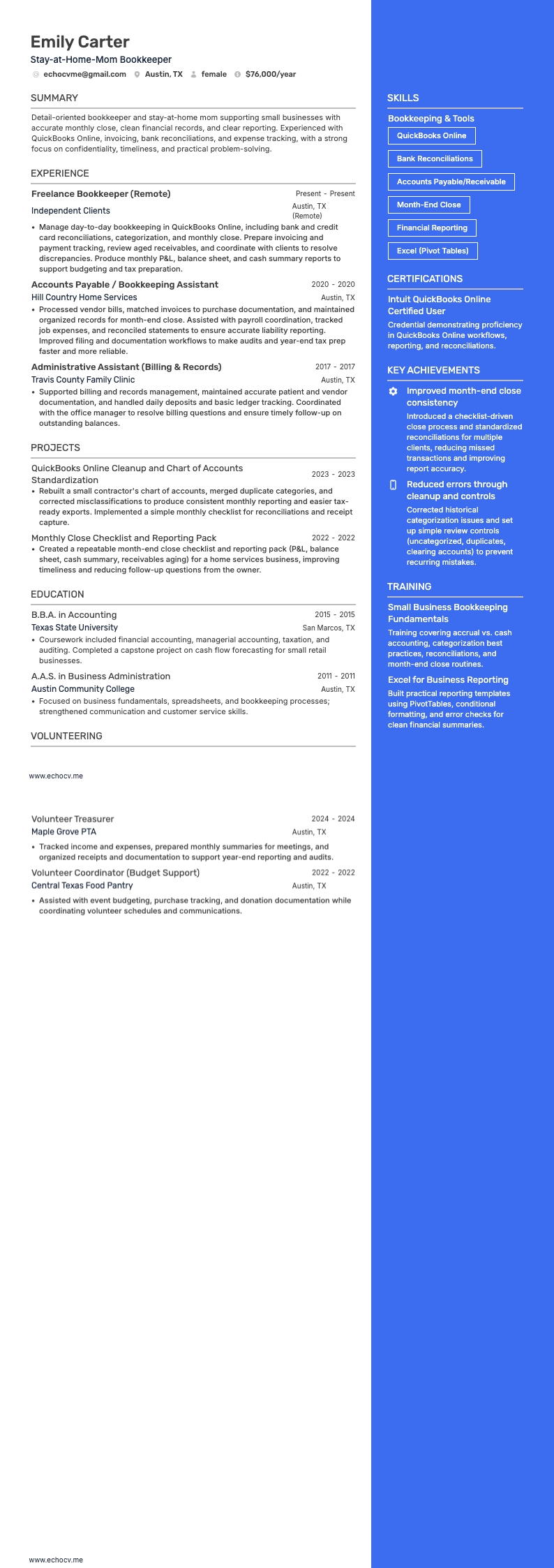 Stay-at-Home-Mom Bookkeeper example resume