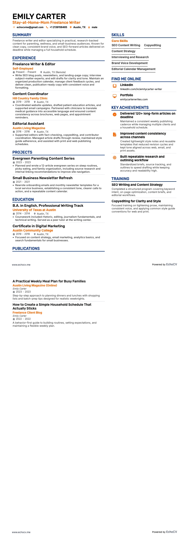 Stay-at-Home-Mom Freelance Writer example resume