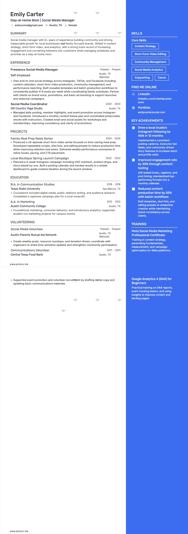 Mẹ nội trợ resume example