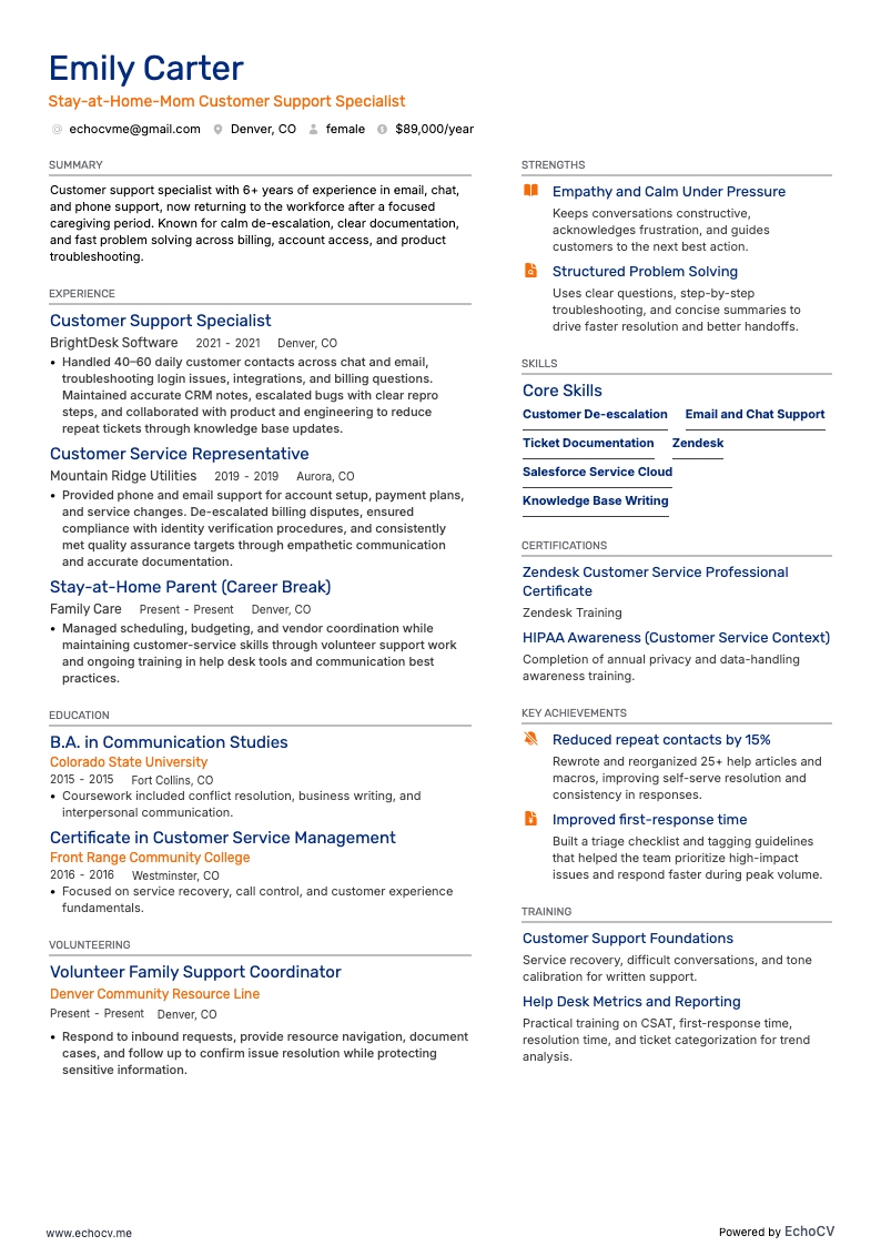 Stay-at-Home-Mom Customer Support Specialist example resume