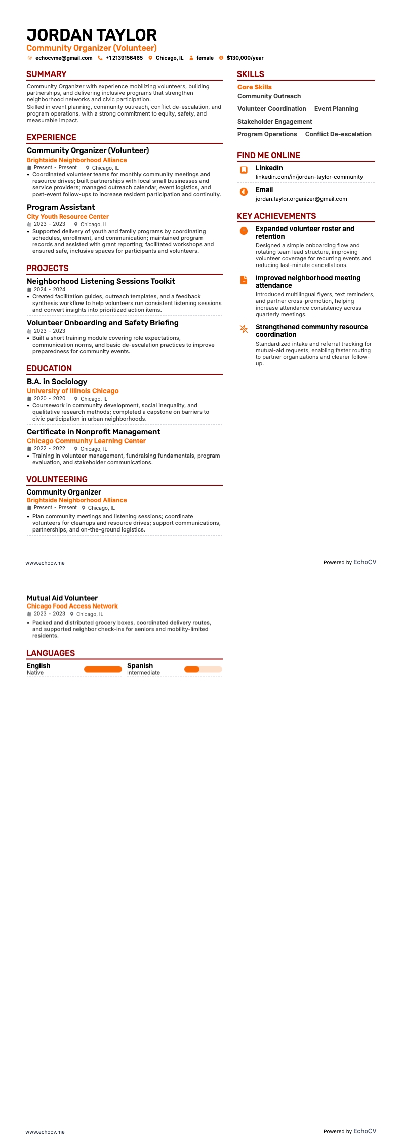 Gemeinwesenorganisator example resume