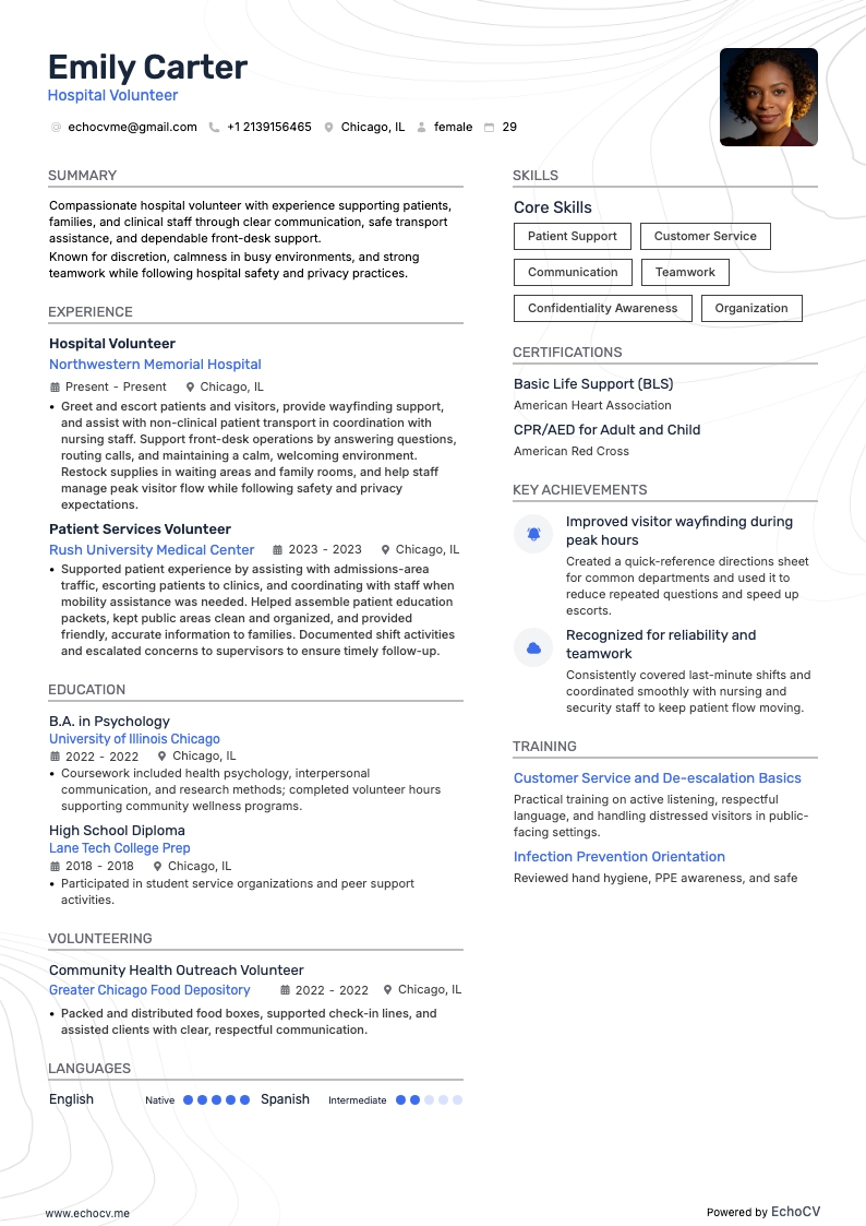 Krankenhaus-Freiwillige/r example resume