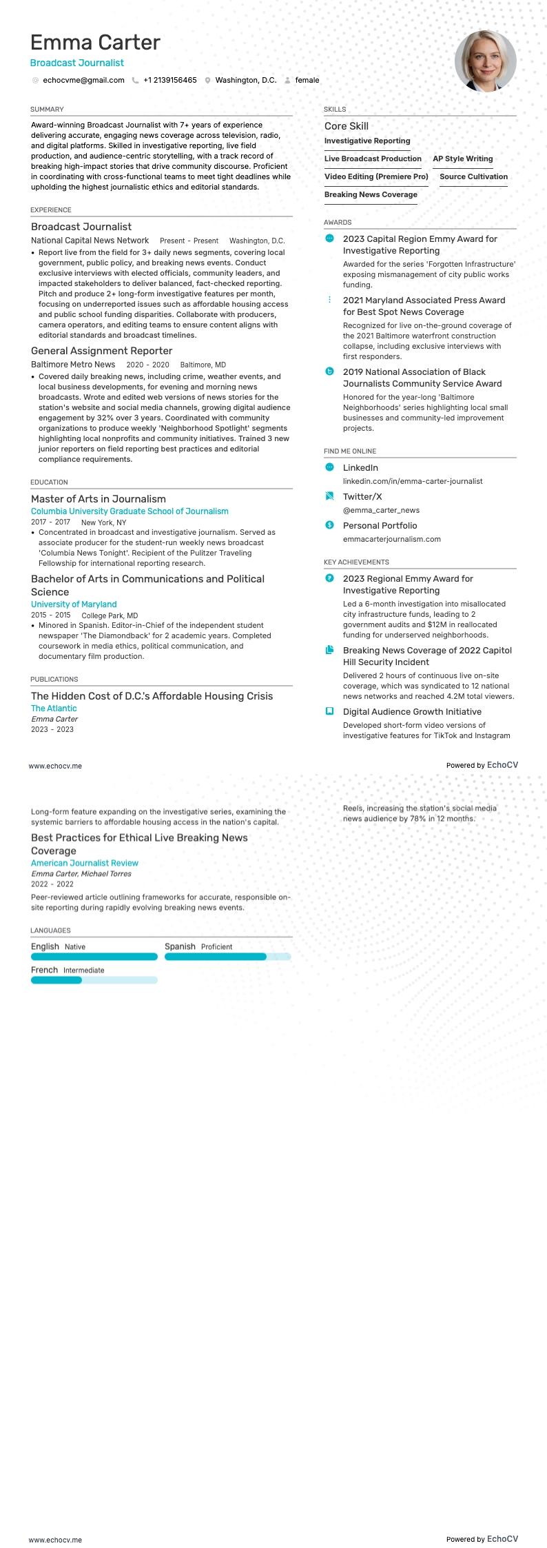 ジャーナリスト resume example