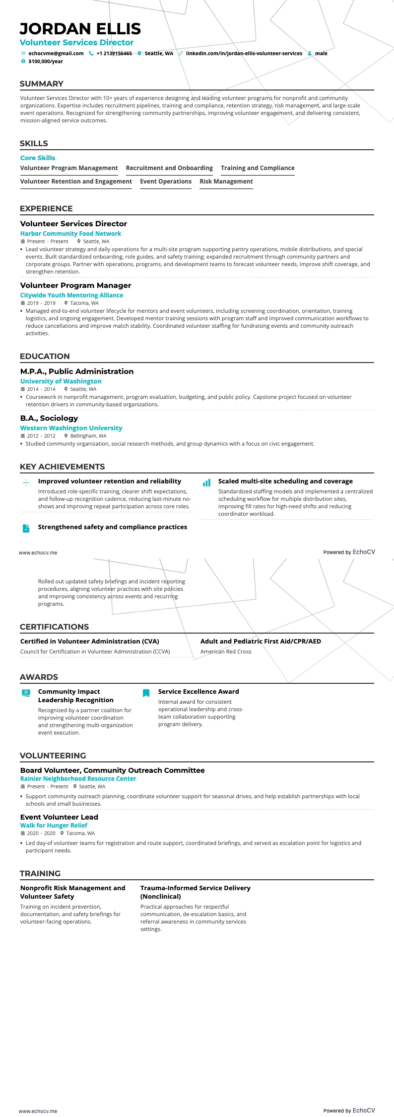 Direktor für Freiwilligendienste example resume