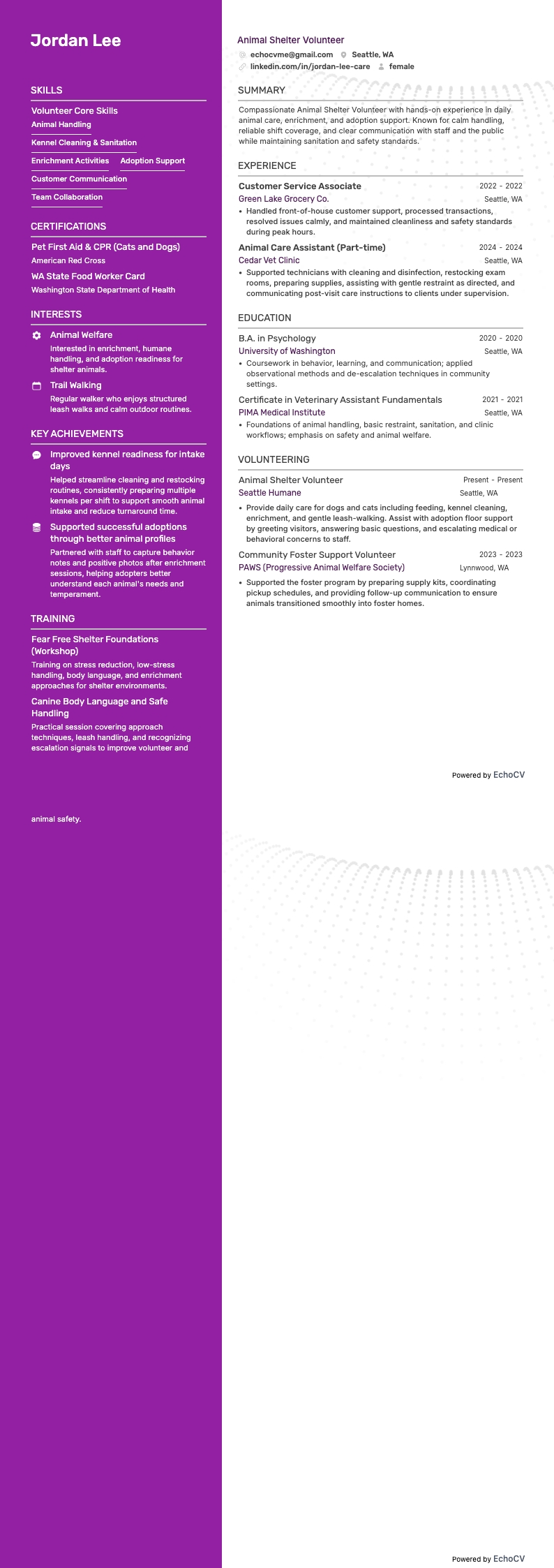 Tierheim-Ehrenamtliche/r example resume