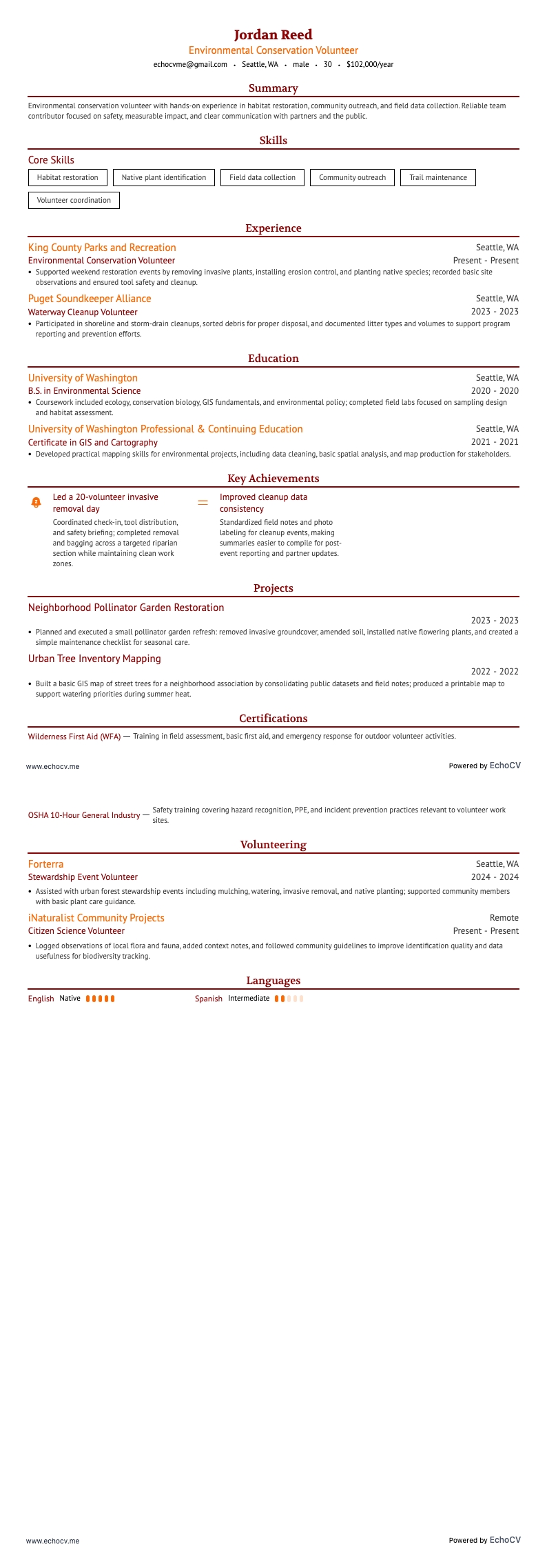 Freiwilliger im Umweltschutz example resume