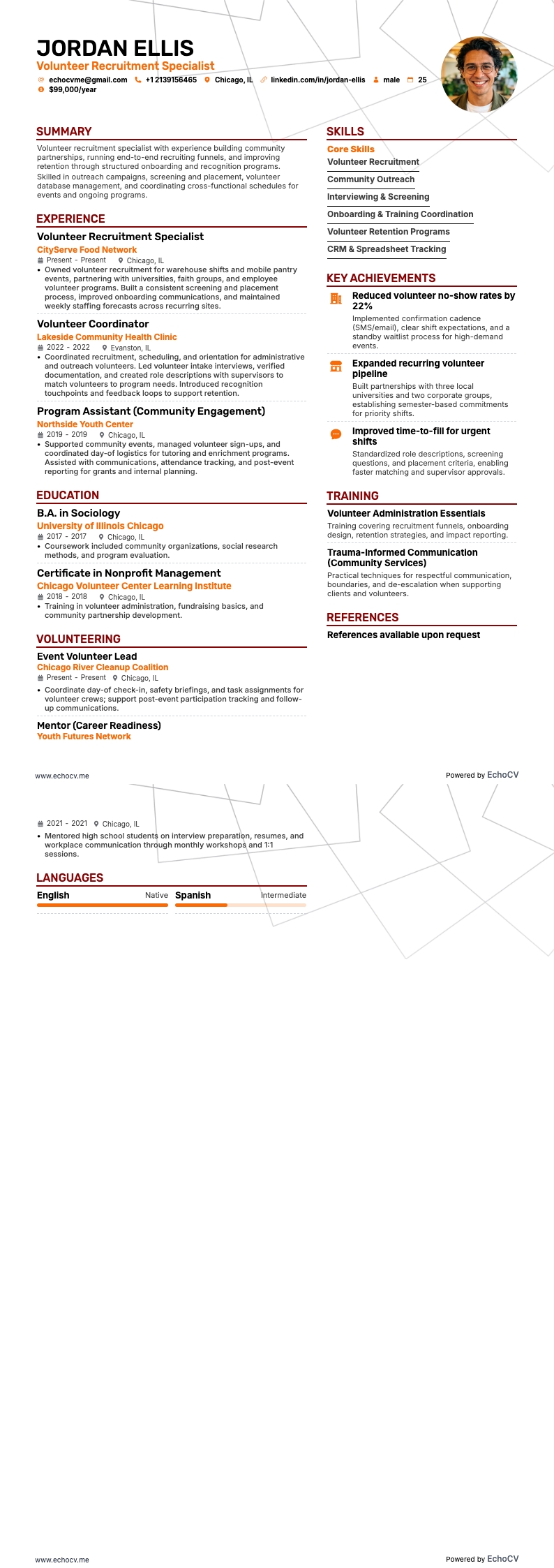 Spezialist für Freiwilligenrekrutierung example resume