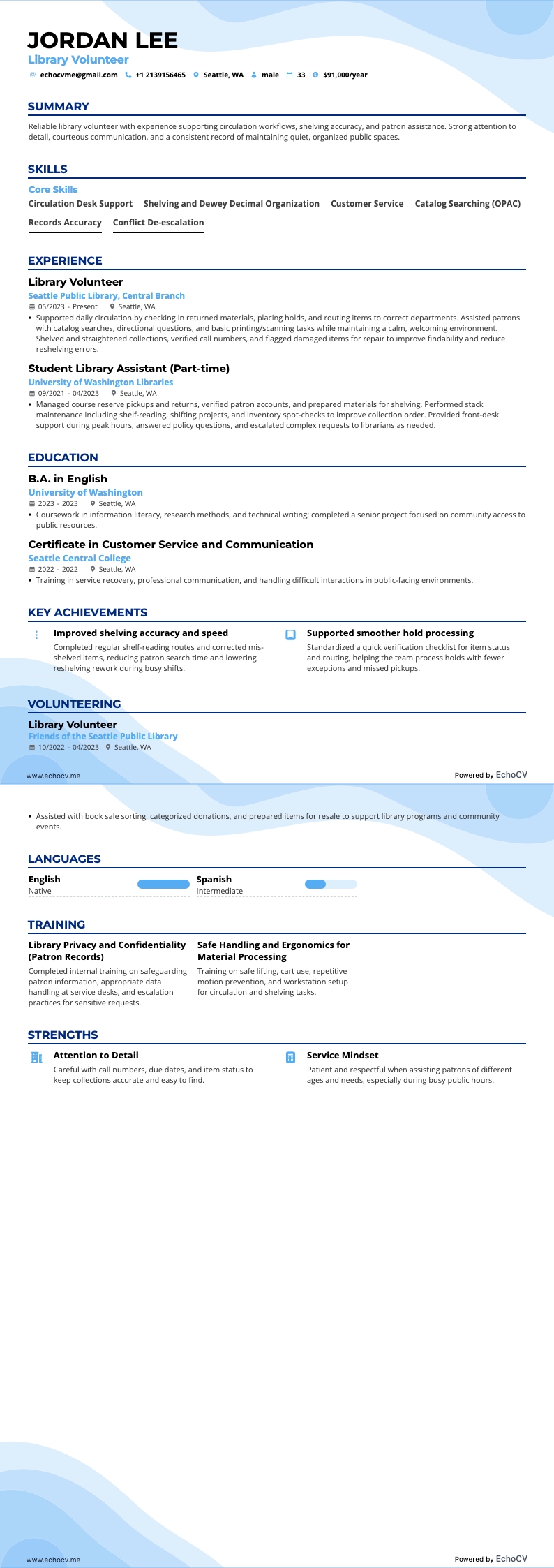 Bibliothekshelfer/in example resume