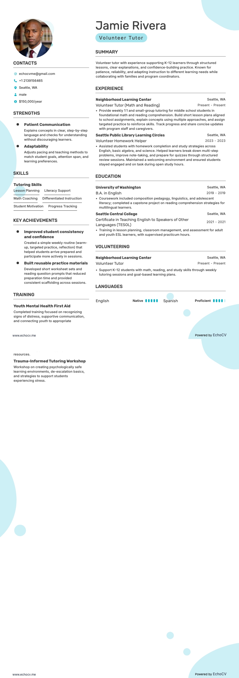 Ehrenamtlicher Nachhilfelehrer example resume