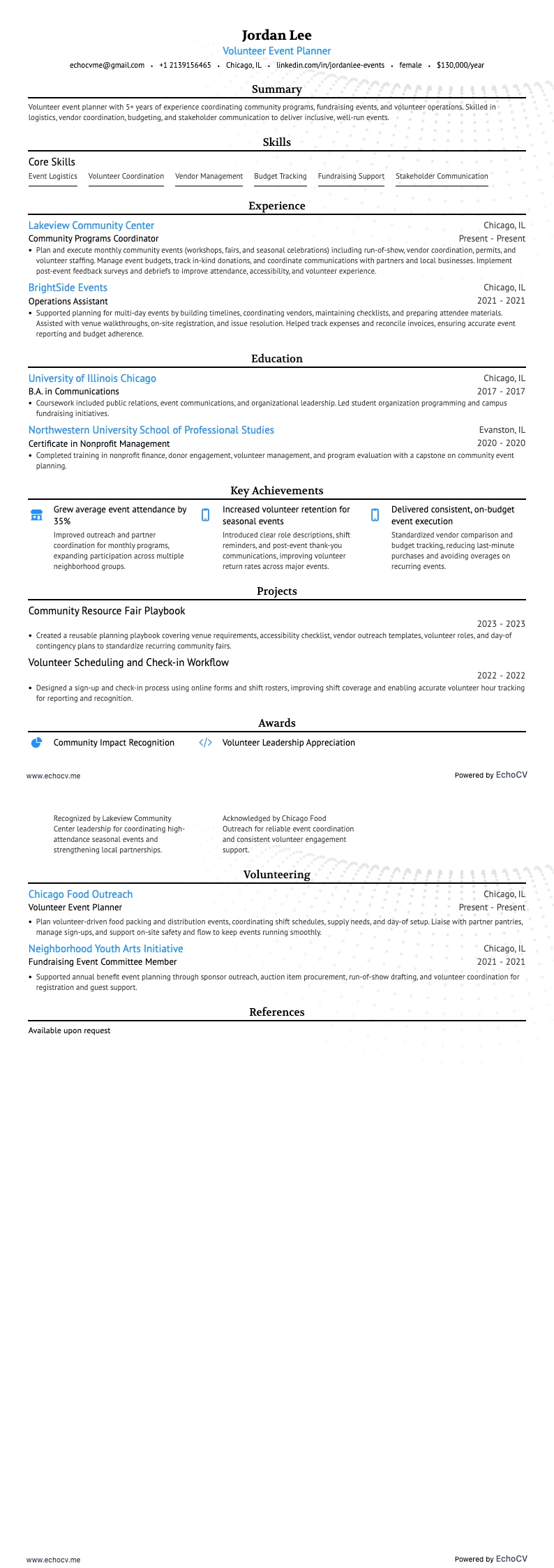 Ehrenamtlicher Eventplaner example resume