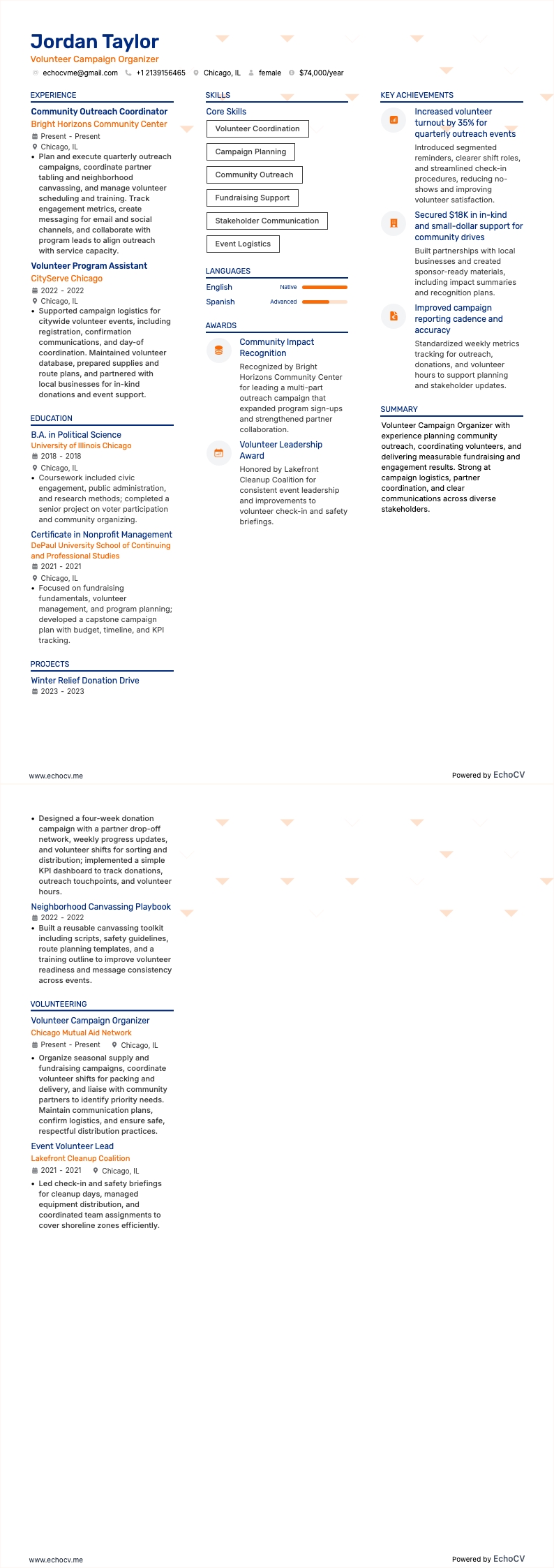 Organisator von Freiwilligenkampagnen example resume