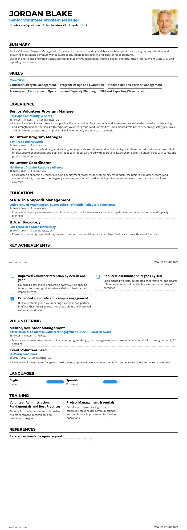 Leitende/r Manager/in für Freiwilligenprogramme example resume