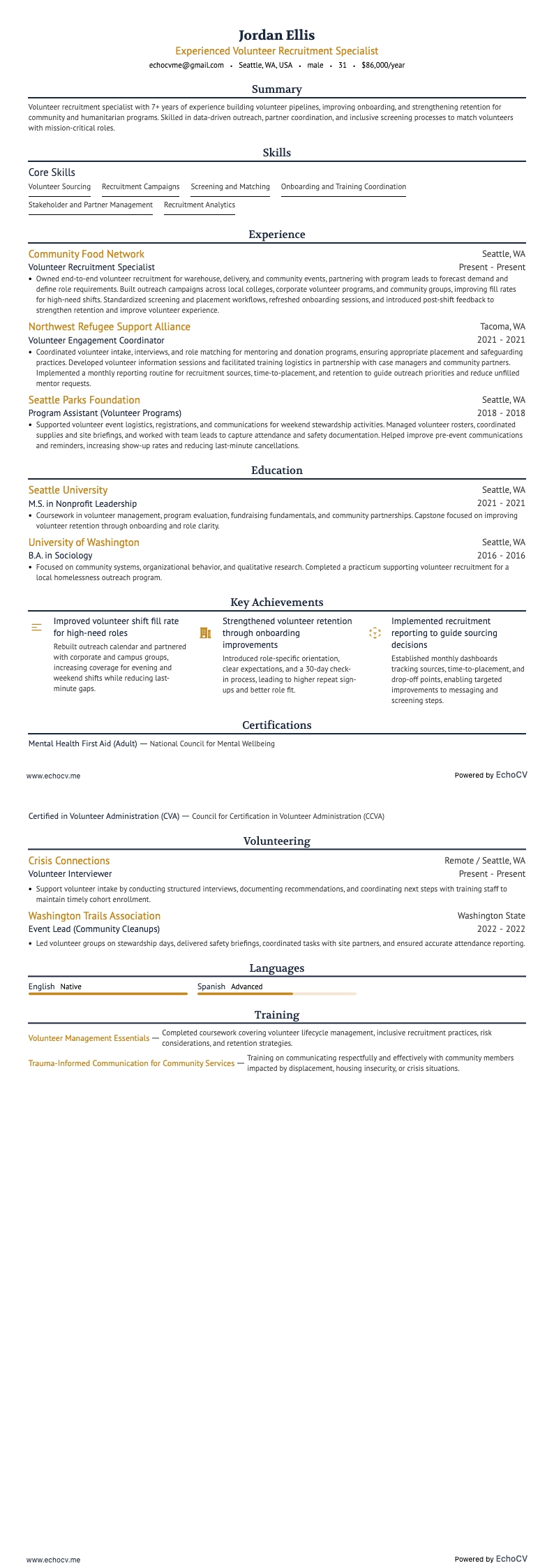 Erfahrener Spezialist für Freiwilligenrekrutierung example resume