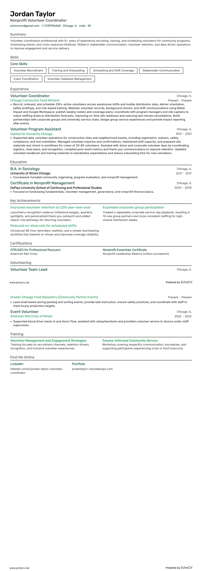 Coordinateur de bénévoles dans une association example resume