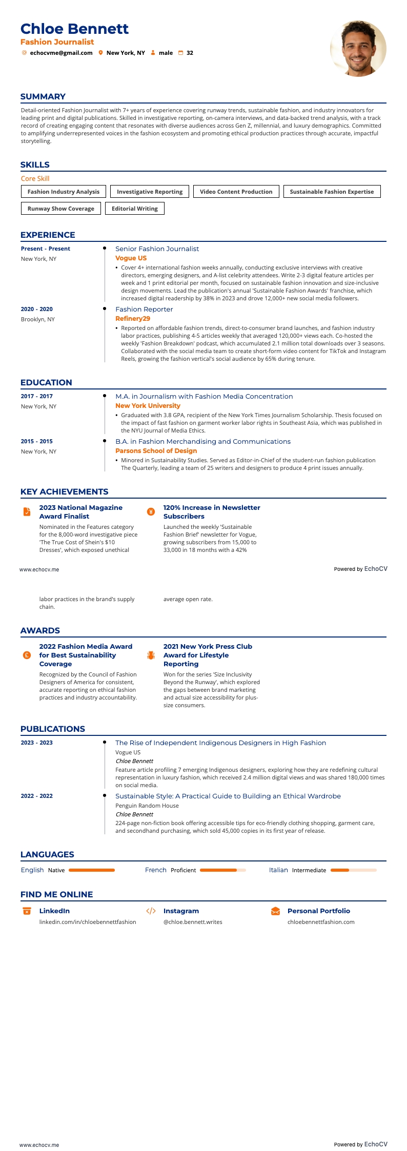 ファッションジャーナリスト example resume