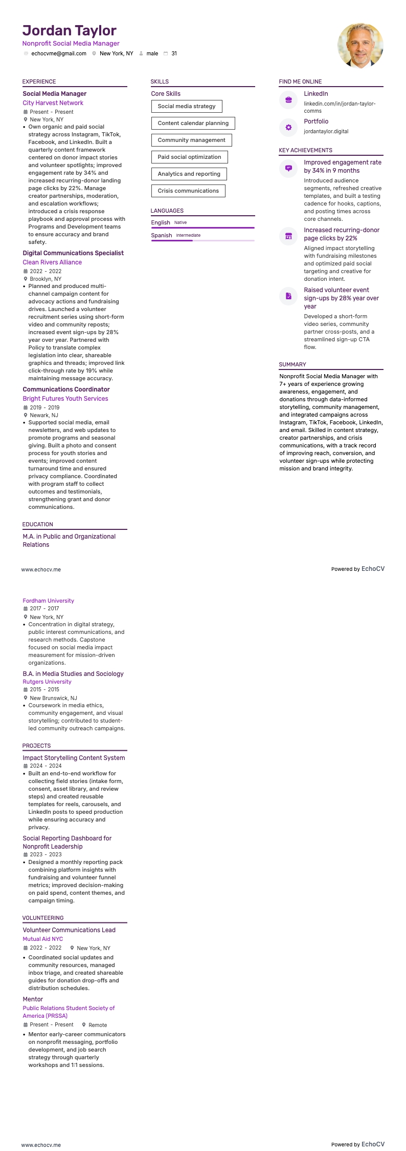 Responsable des réseaux sociaux dans le secteur associatif example resume