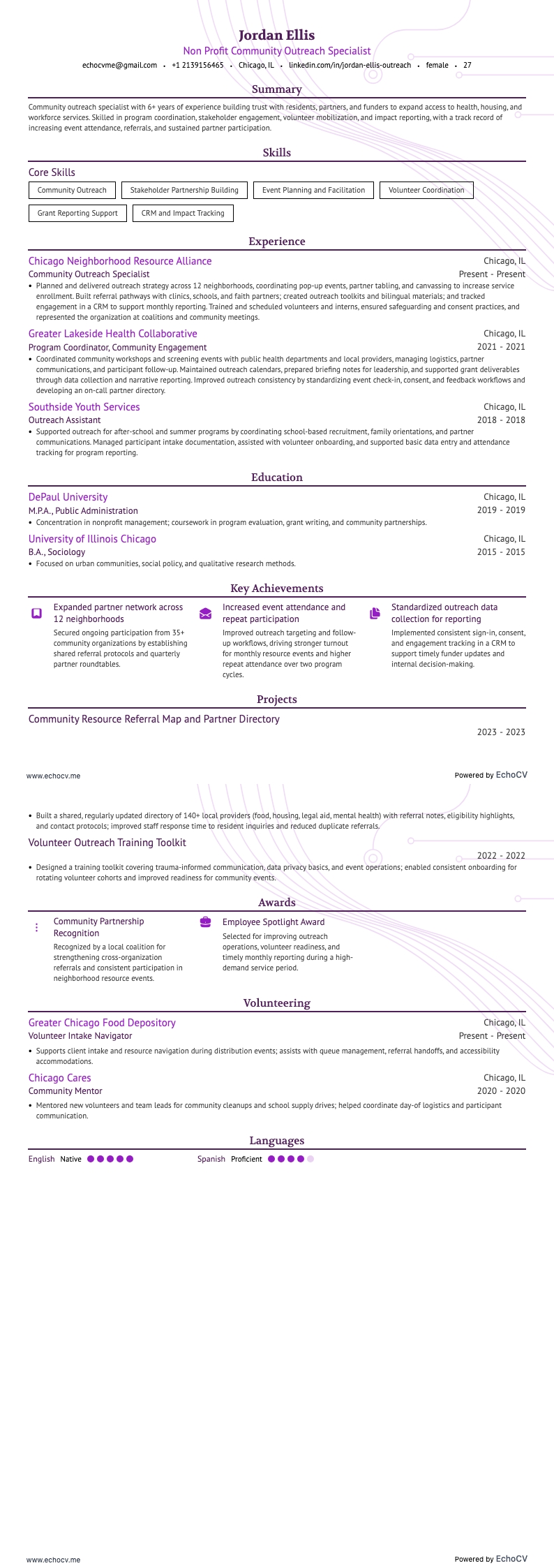 Spécialiste de la sensibilisation communautaire à but non lucratif example resume