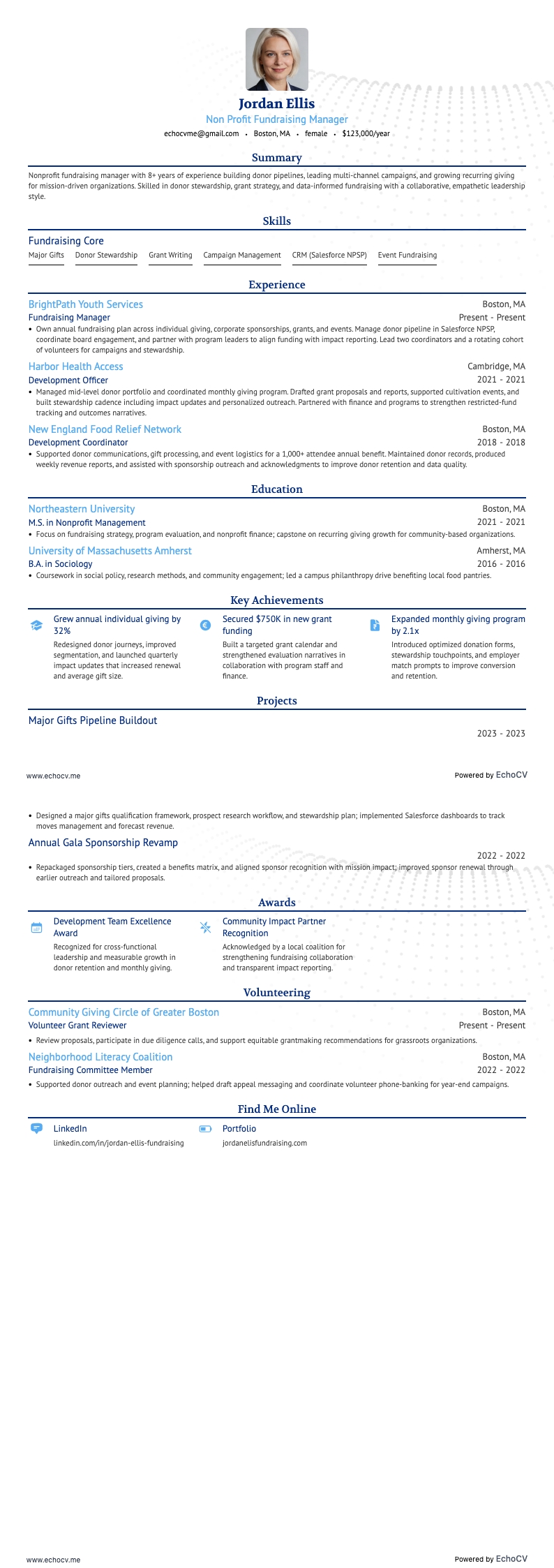 Responsable collecte de fonds dans le non lucratif example resume