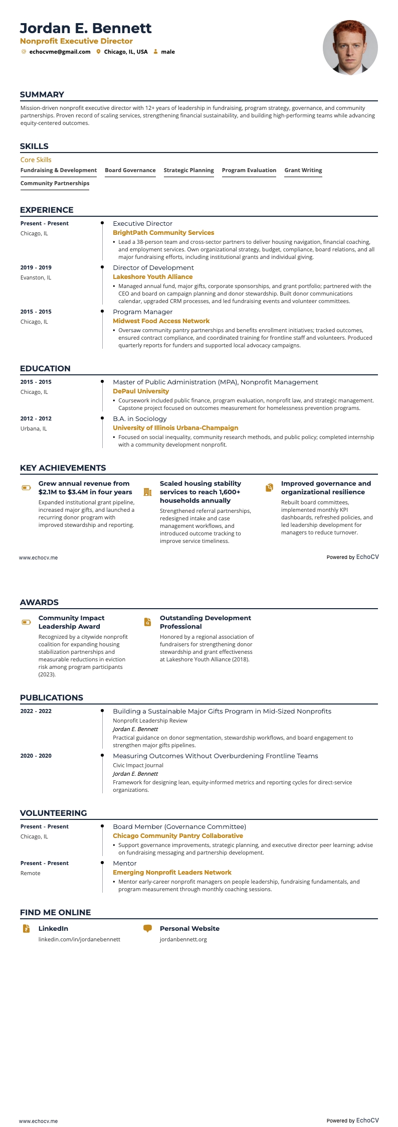 Directeur exécutif d’une organisation à but non lucratif example resume