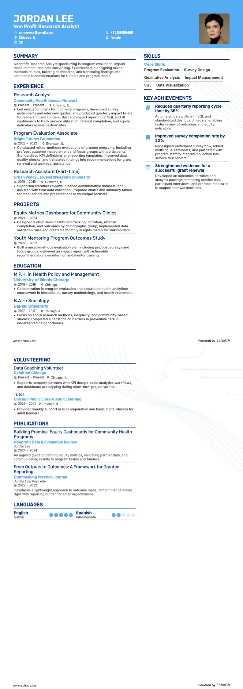 Analyste de recherche dans le secteur associatif example resume