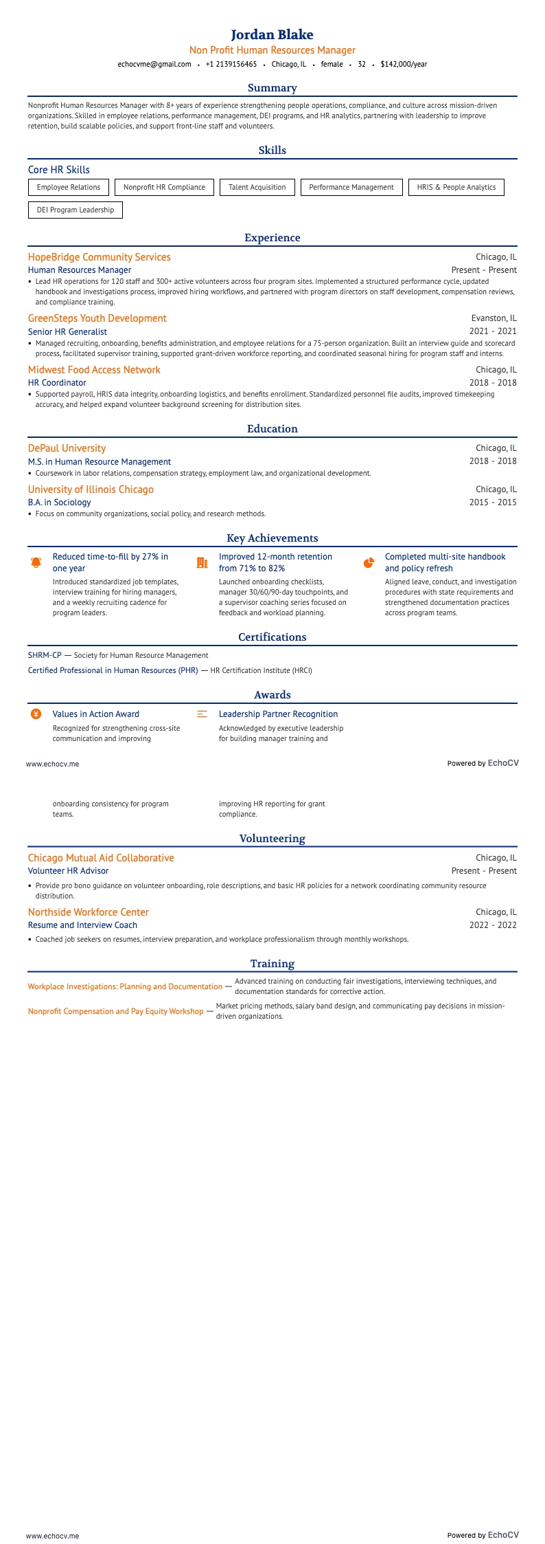 Responsable des ressources humaines d’une organisation à but non lucratif example resume