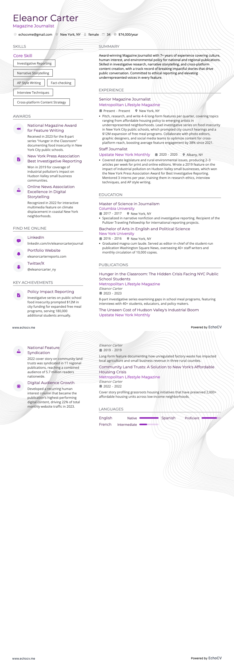 雑誌記者 example resume