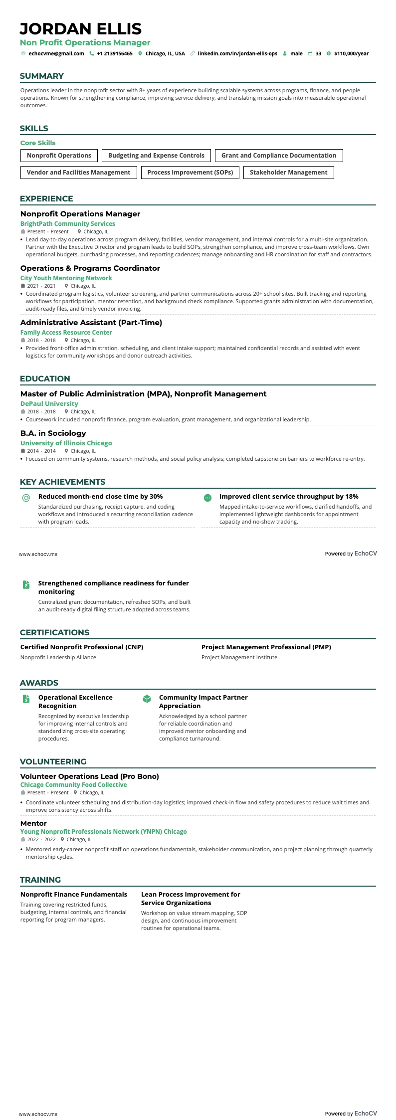 Responsable des opérations d’une organisation à but non lucratif example resume