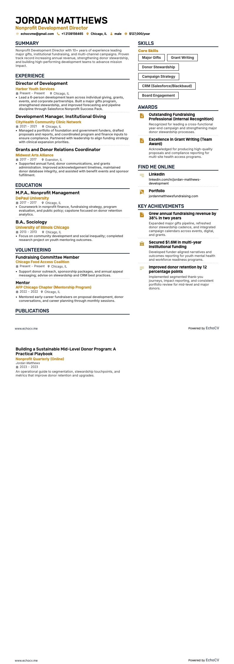 Directeur du développement d'une organisation à but non lucratif example resume