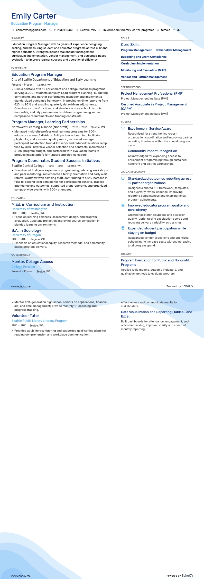 Education Program Manager example resume