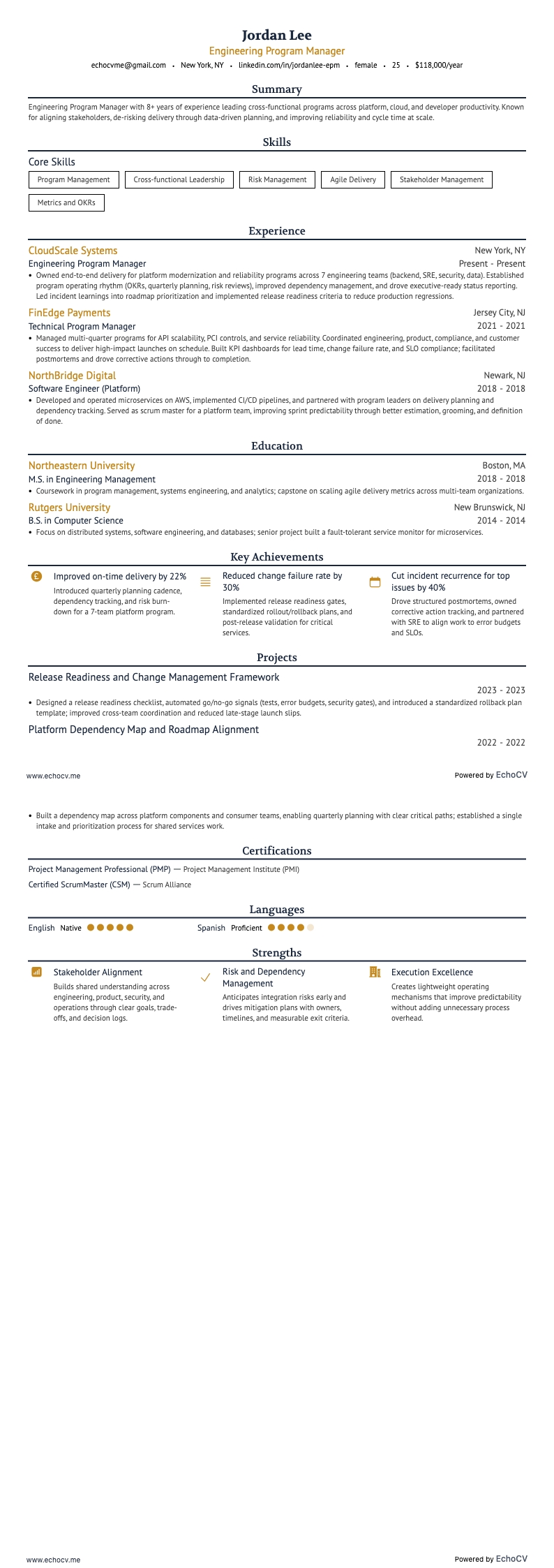 Engineering Program Manager example resume