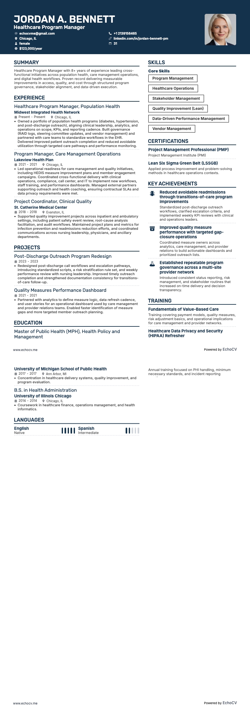 Healthcare Program Manager example resume