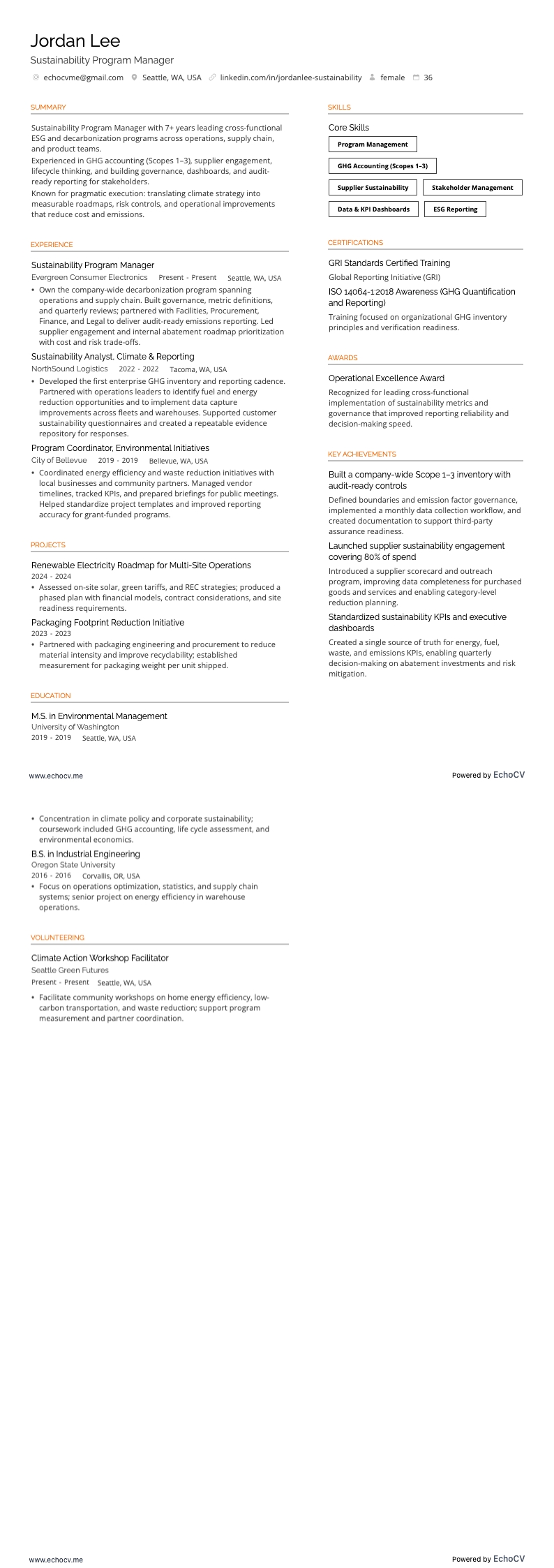 Sustainability Program Manager example resume
