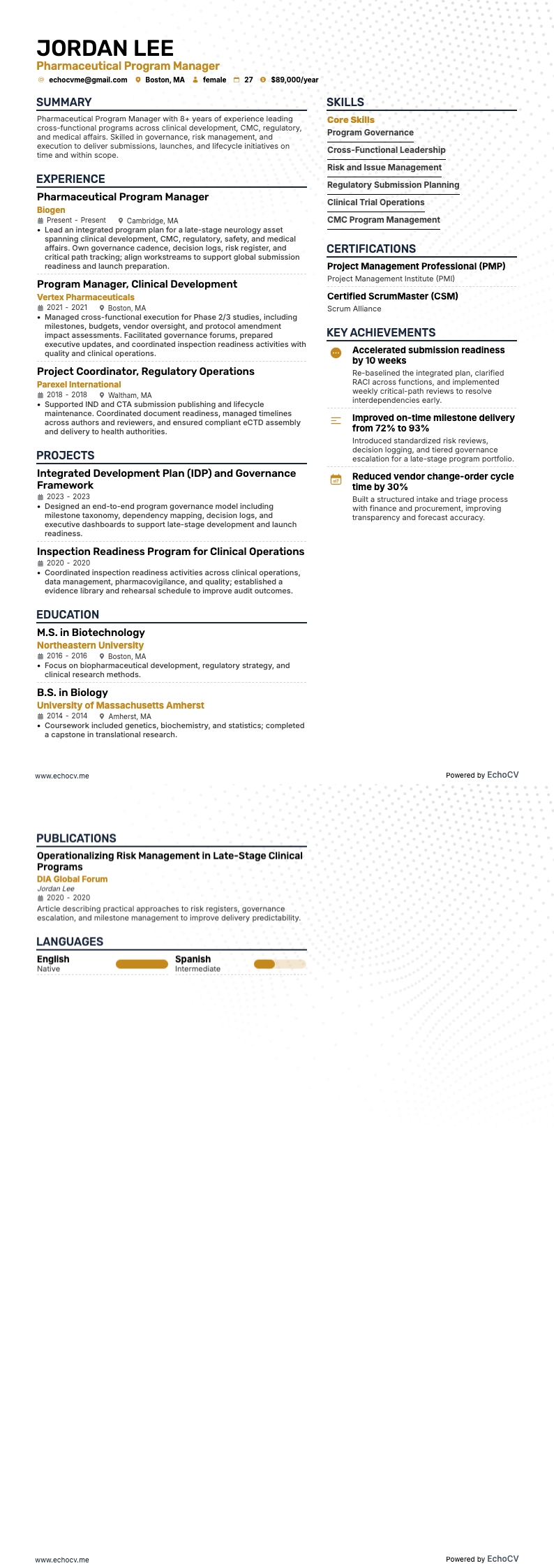 Pharmaceutical Program Manager example resume