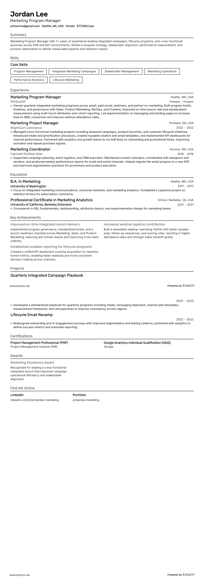 项目群经理 resume example