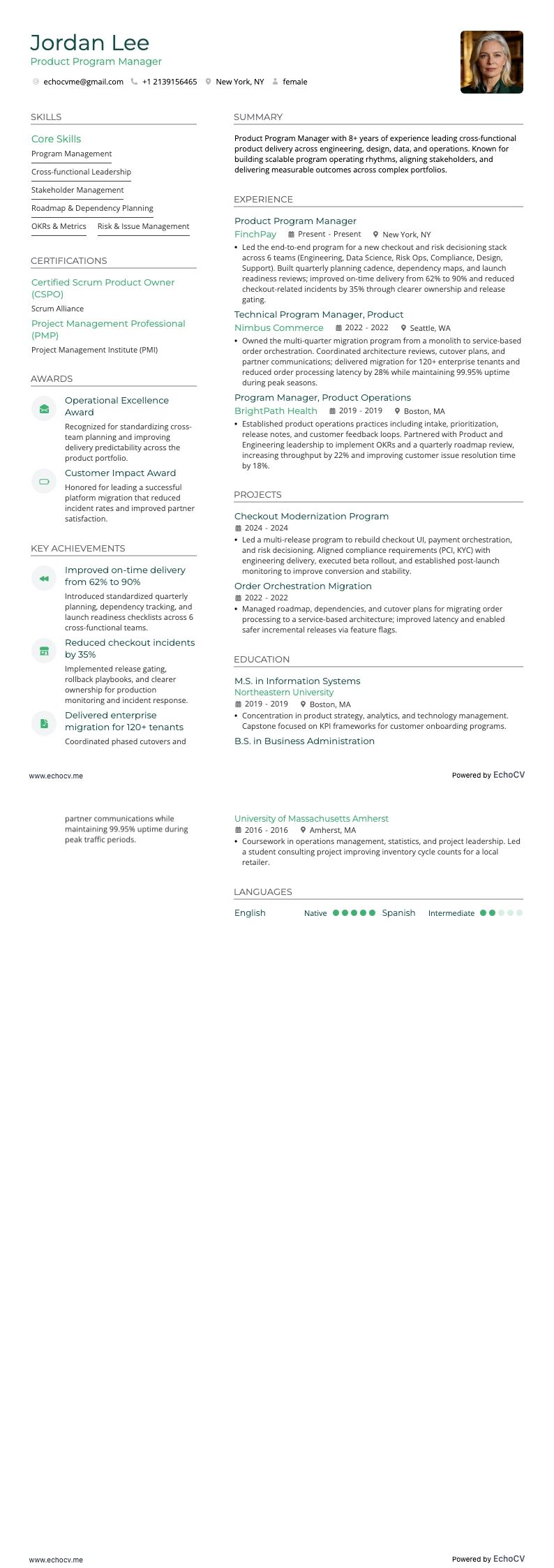 Product Program Manager example resume