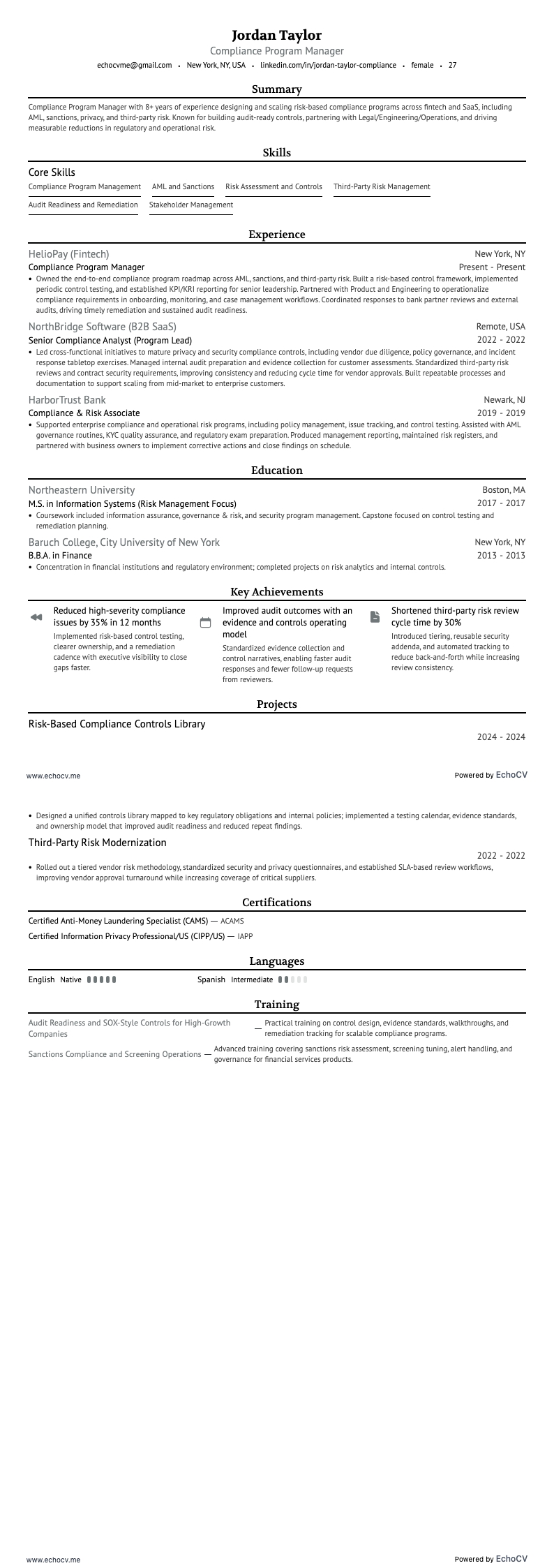 Compliance Program Manager example resume