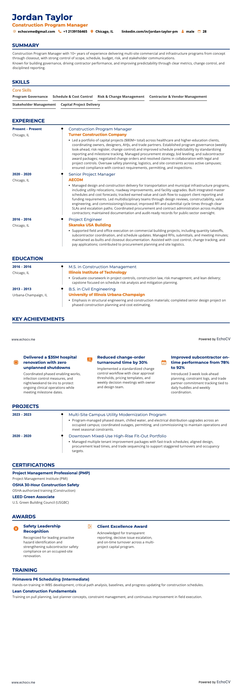 Construction Program Manager example resume
