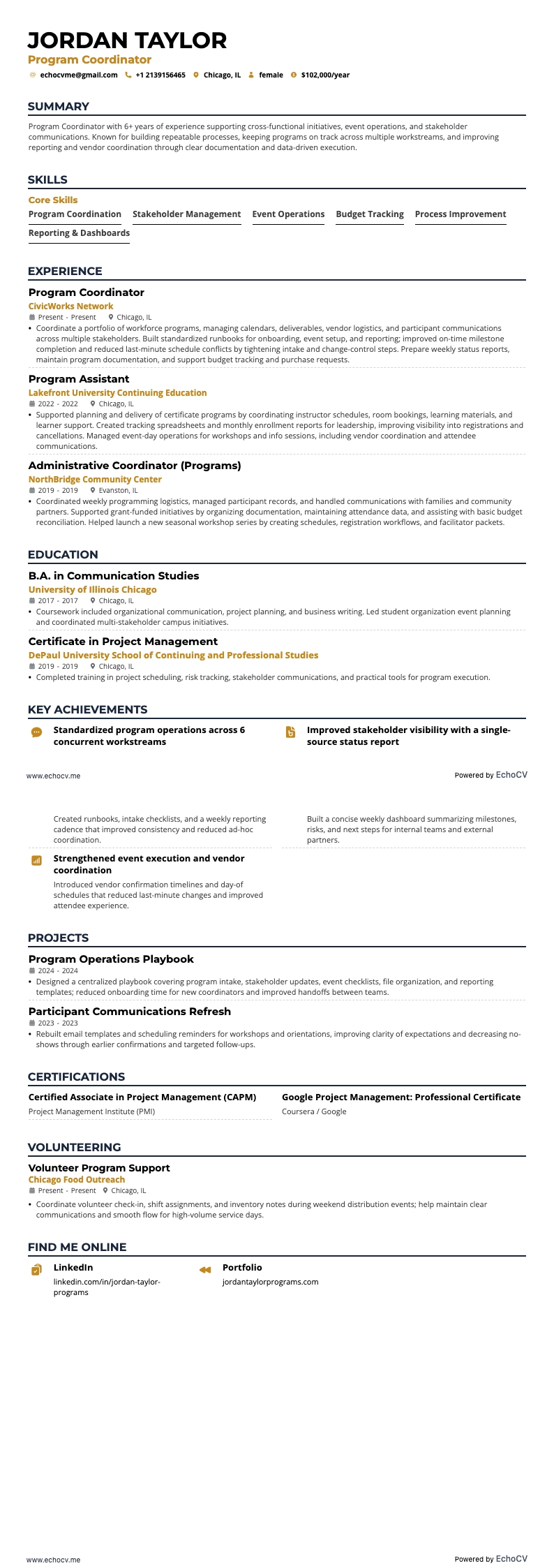 Program Coordinator example resume