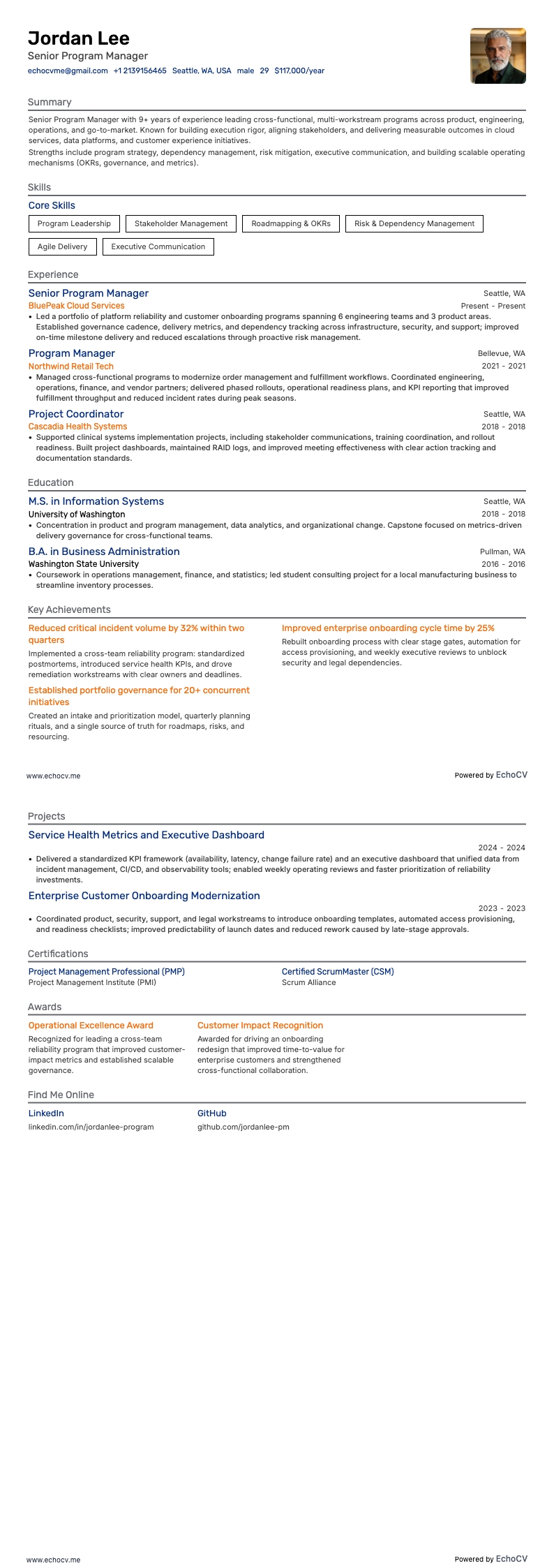 Senior Program Manager example resume