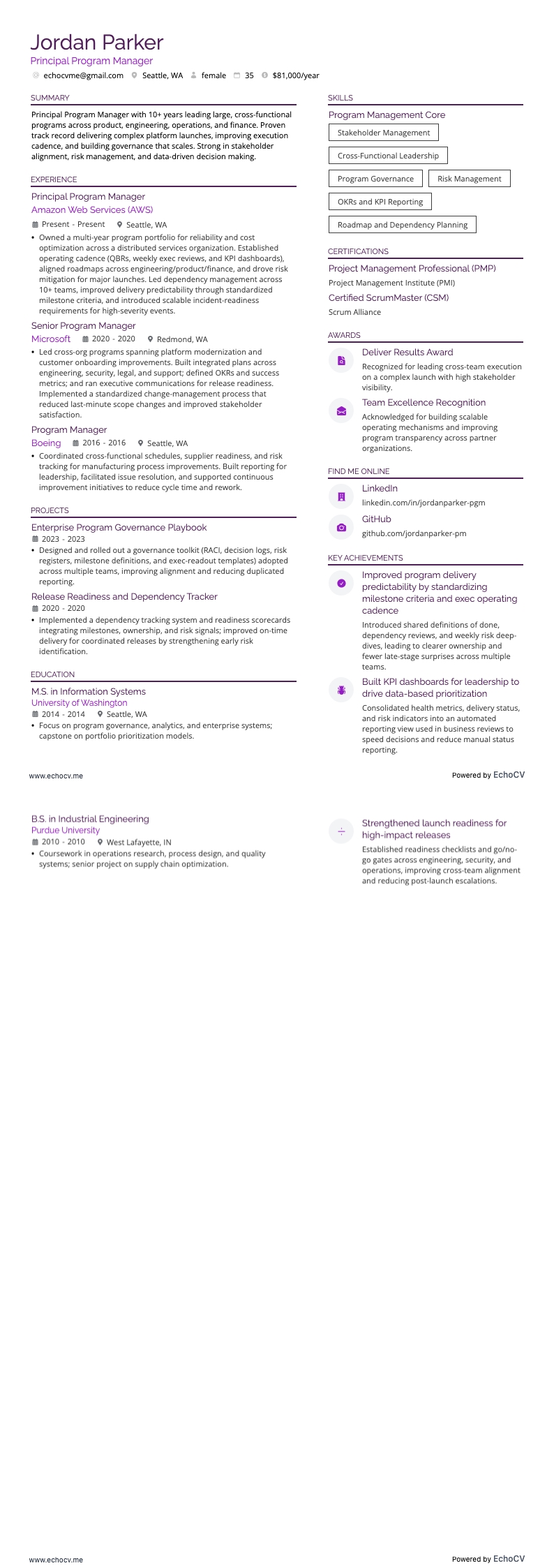 Principal Program Manager example resume