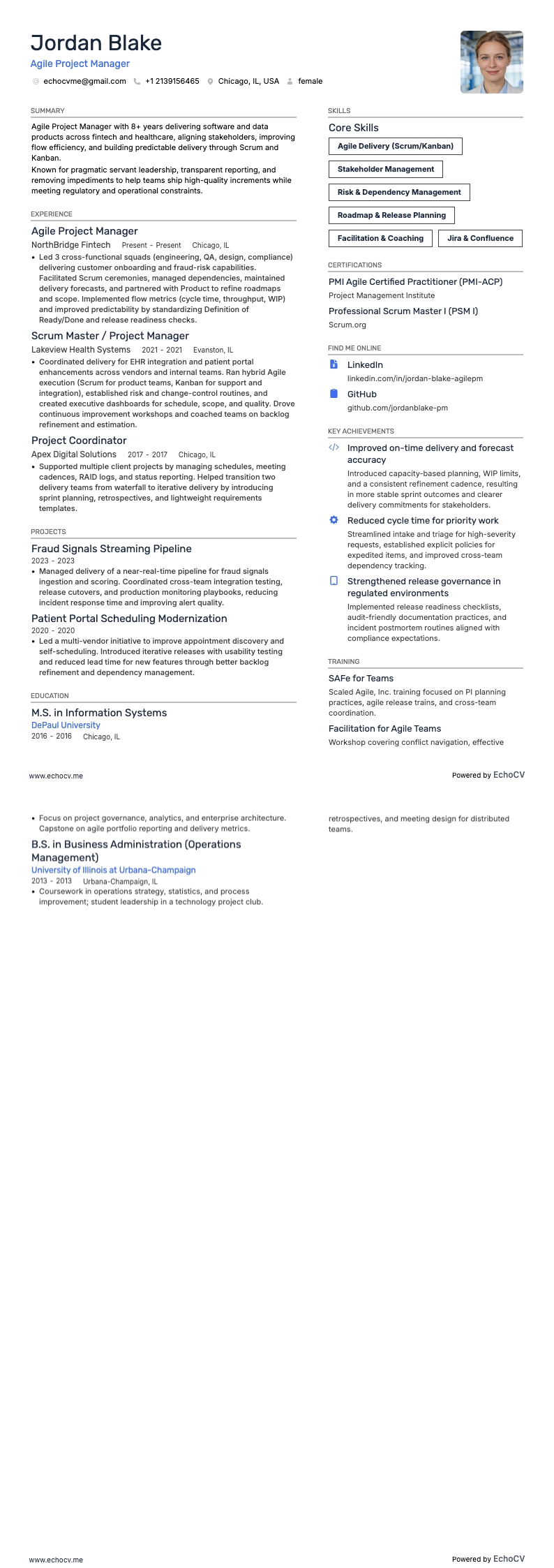 Agile projectmanager example resume