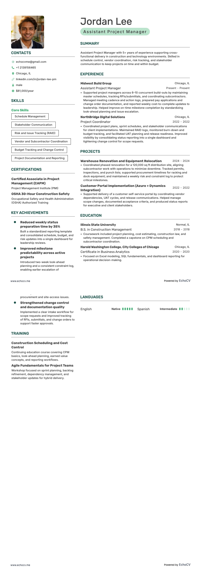 Projektledare resume example
