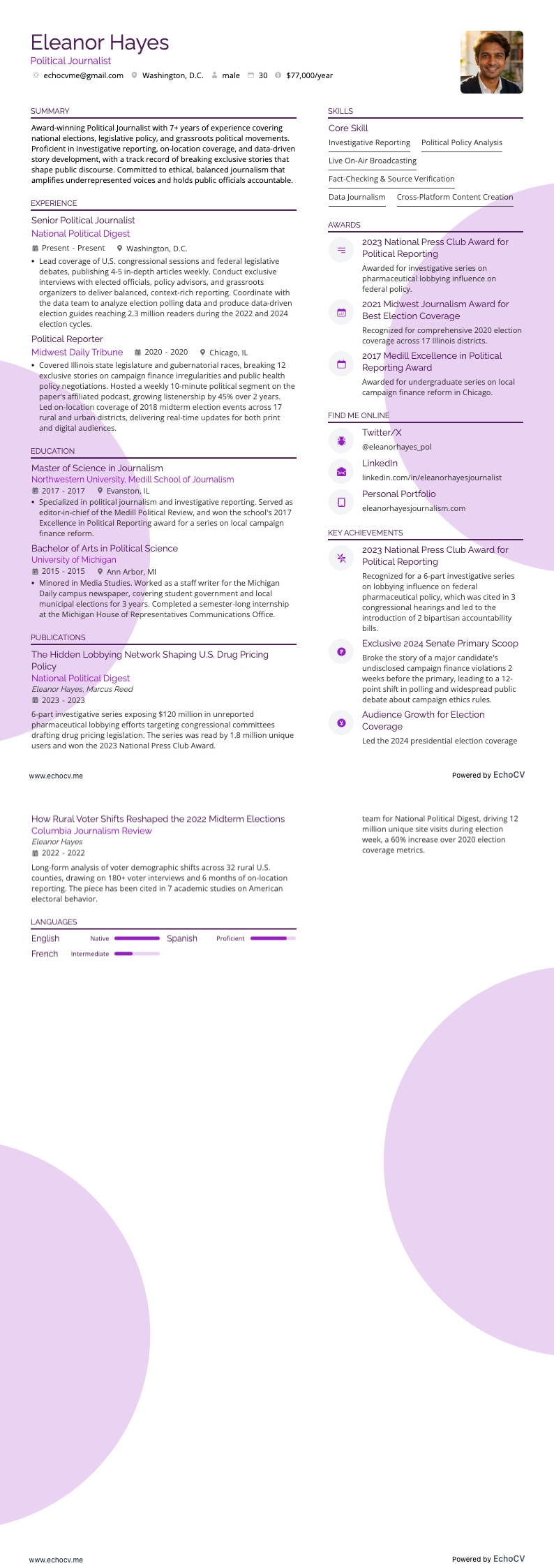 政治ジャーナリスト example resume