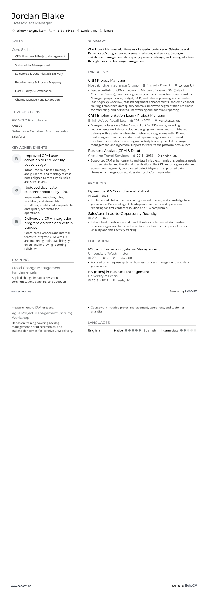 CRM-projectmanager example resume