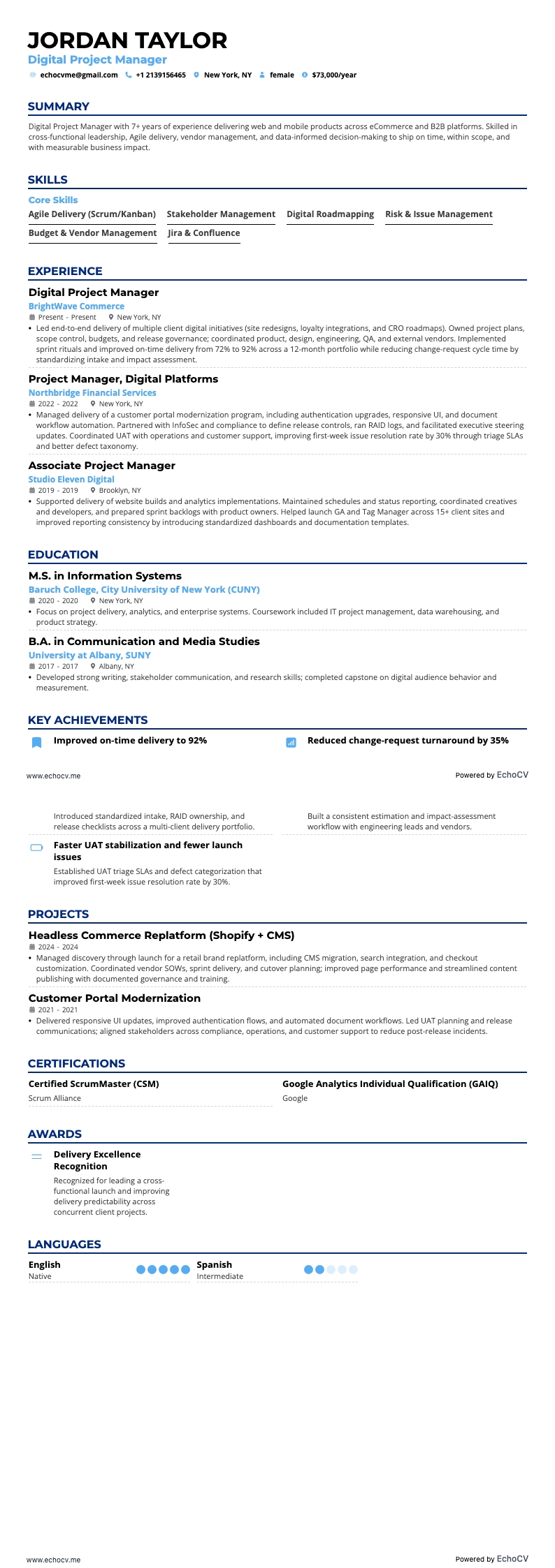 Digital projectmanager example resume