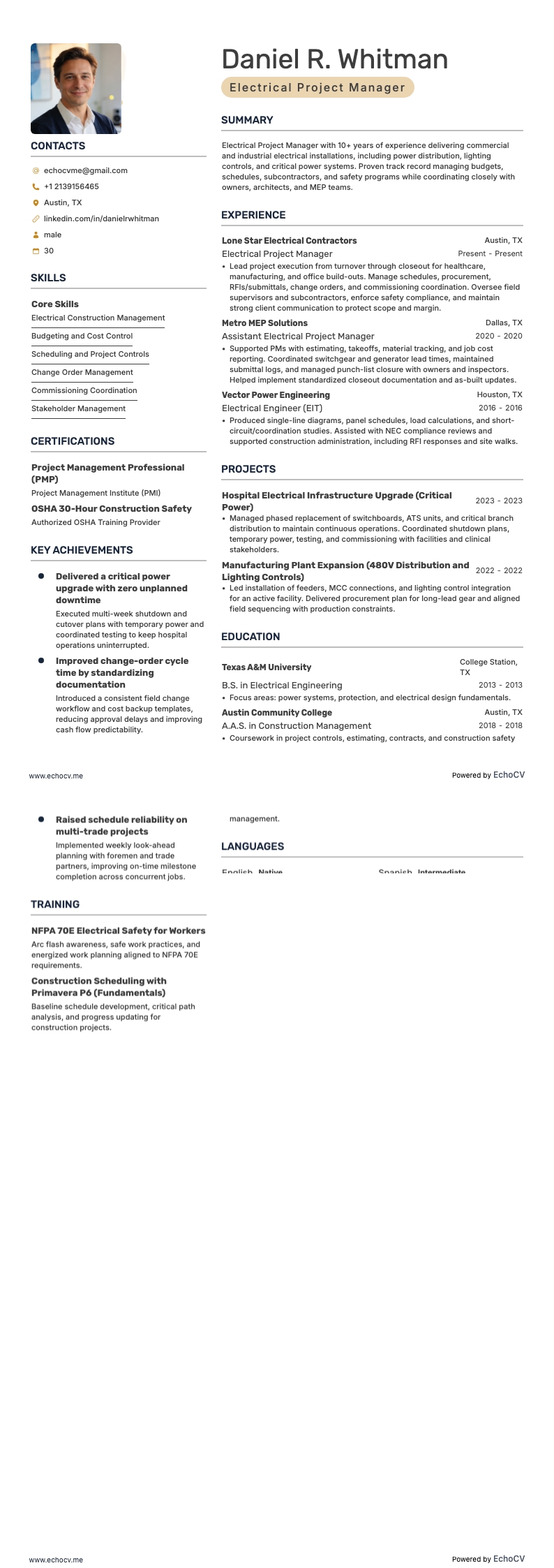 Projectmanager Elektrotechniek example resume