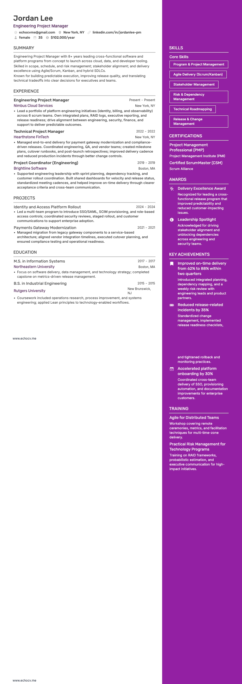 Projectmanager engineering example resume