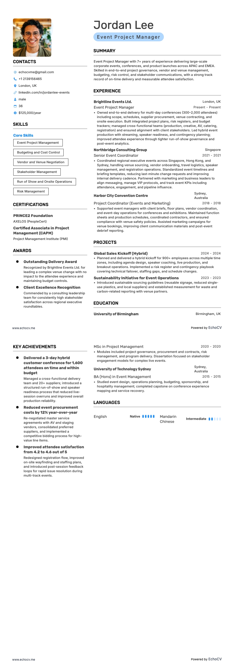 Projectmanager evenementen example resume